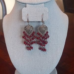 Antique Silver & Garnet Red Beaded Chandelier Fishhook Earrings